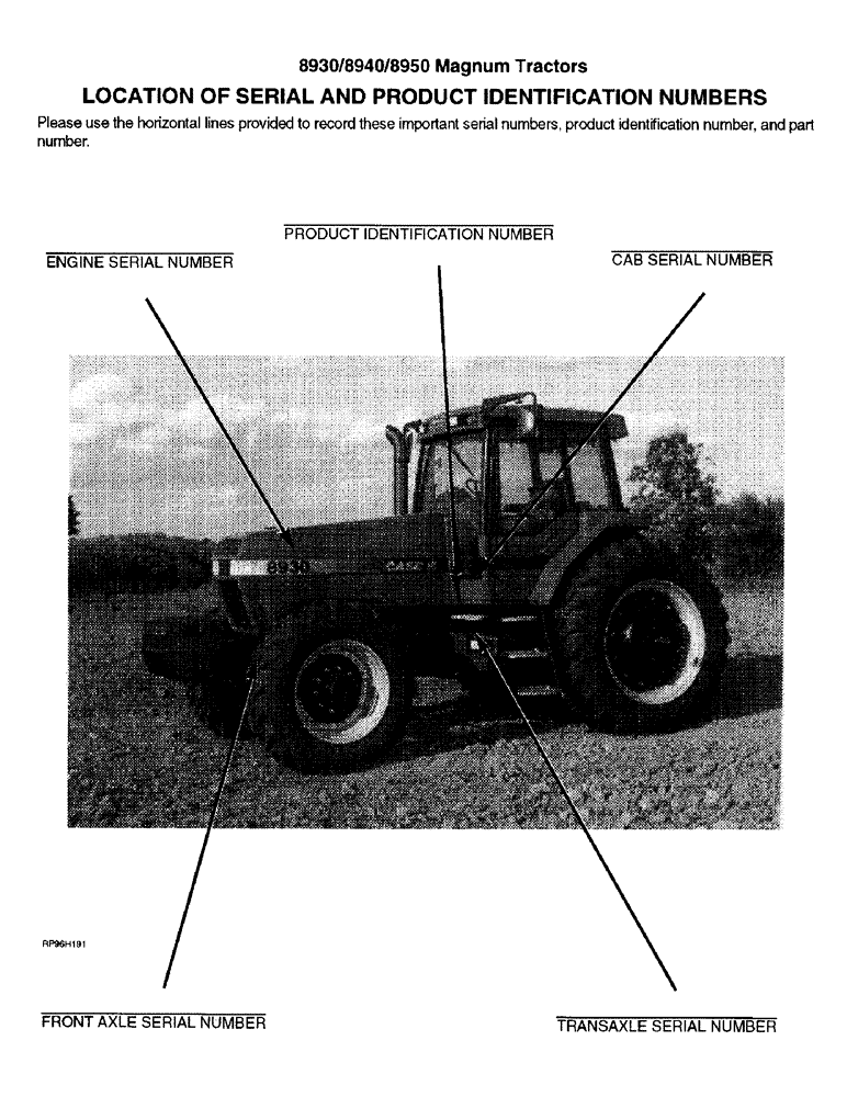 Схема запчастей Case IH 8940 - (1-002) - LOCATION OF SERIAL AND PRODUCT IDENTIFICATION NUMBERS (00) - PICTORIAL INDEX
