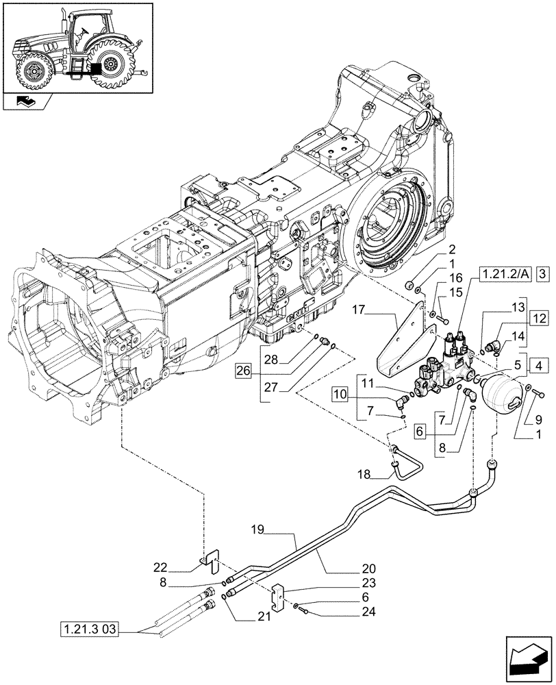 Схема запчастей Case IH PUMA 155 - (1.21.2[01]) - SUSPENDED FRONT AXLE - SUSPENSION CONTROL VALVE AND PIPES - C6828 (VAR.330414-330427-330429-330430) (03) - TRANSMISSION