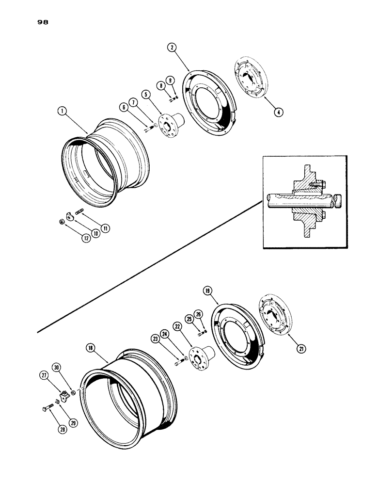 Схема запчастей Case IH 1030 - (098) - REAR WHEELS WITH 34 INCH RIMS, MANUAL ADJUSTABLE, TAPERED BUSHING TYPE HUB (06) - POWER TRAIN