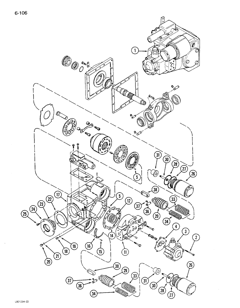 Схема запчастей Case IH 1680 - (6-106) - HYDROSTATIC PUMP, W/SINGLE SPEED MOTOR, RICE W/POWER GUIDE AXLE, PRIOR TO P.I.N. JJC0047918 (03) - POWER TRAIN