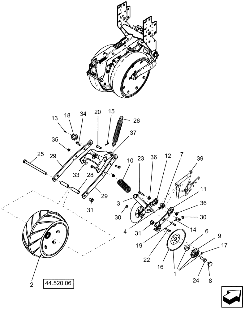 Схема запчастей Case IH 1210 - (75.200.09) - PRESS WHEEL & COVERING DISC, WITH LH LEADING DISC OPENER (RH SIDE OF PLANTER) (75) - SOIL PREPARATION