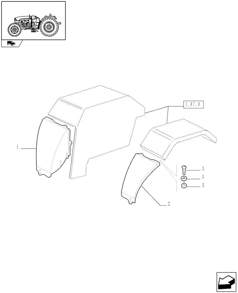 Схема запчастей Case IH FARMALL 85U - (1.87.1) - MUDGUARD EXTENSIONS - L/CAB (VAR.333870) (08) - SHEET METAL