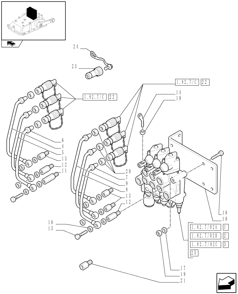 Схема запчастей Case IH FARMALL 95 - (1.82.7/02[01]) - 3 CONTROL VALVES - CONTROL VALVES AND QUICK COUPLINGS (VAR.335054-335085-335103-335087) (07) - HYDRAULIC SYSTEM