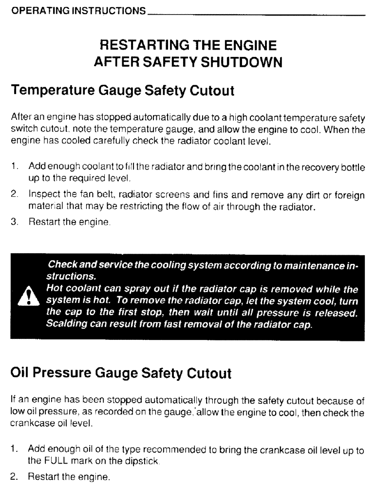 Схема запчастей Case IH 4390T - (015) - OPERATING INSTRUCTIONS, RESTARTING THE ENGINE AFTER SAFETY SHUTDOWN 