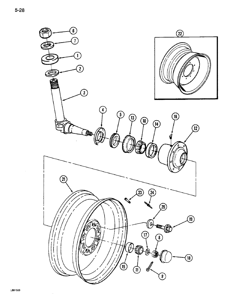 Схема запчастей Case IH 1640 - (5-28) - STEERING KNUCKLE, HUB AND WHEELS, NONADJUSTABLE AND ADJUSTABLE AXLES EXCEPT POWER GUIDE AXEL (04) - STEERING