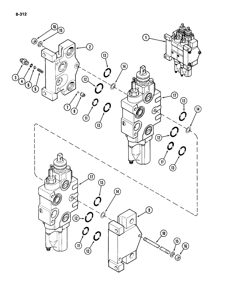 Схема запчастей Case IH 2094 - (8-312) - REMOTE HYDRAULICS, CONTROL VALVE ASSEMBLY, 2 SECTION, TRANSMISSION SERIAL NO. 16229981 AND AFTER (08) - HYDRAULICS