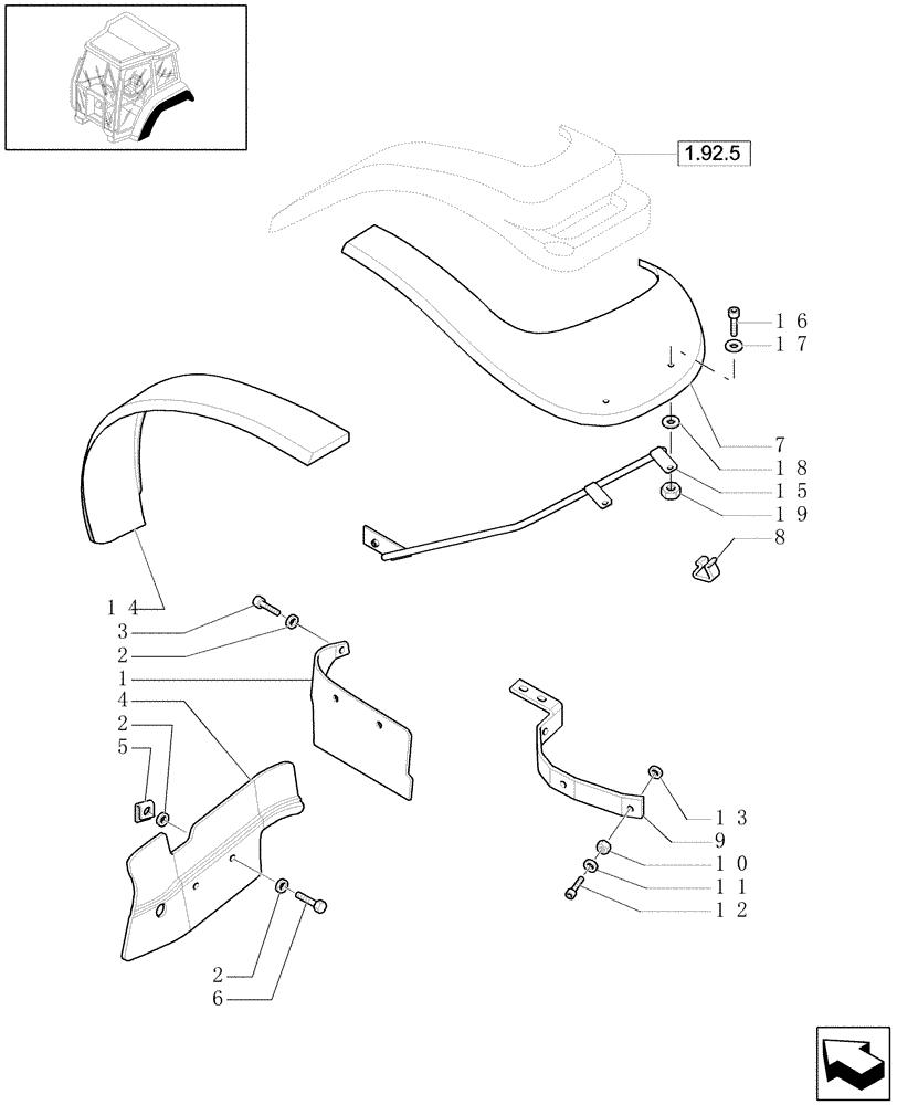 Схема запчастей Case IH MXU130 - (1.92.5/01) - (VAR.869) MUDGUARDS SIDE SHIELD (10) - OPERATORS PLATFORM/CAB