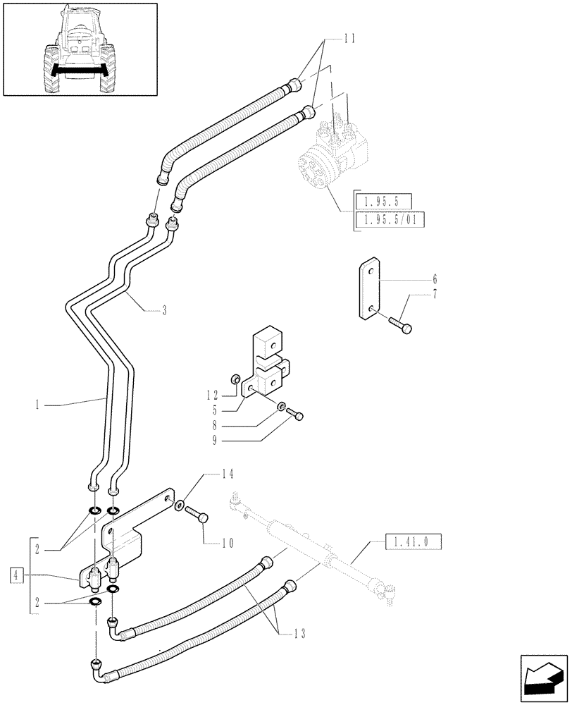 Схема запчастей Case IH MAXXUM 100 - (1.42.0/03) - 2WD FRONT AXLE - STEERING CYLINDER PIPES AND POWER STEERING PIPES (VAR.330406-330407) (04) - FRONT AXLE & STEERING