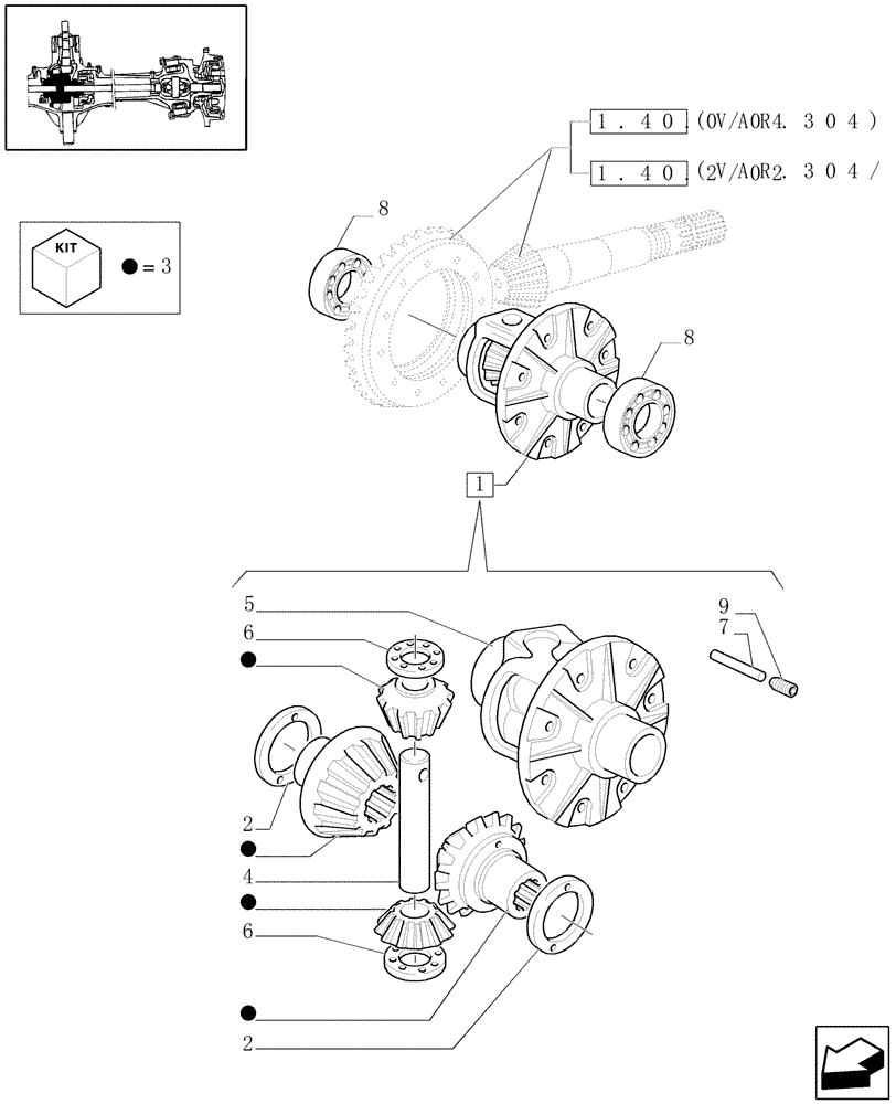 Схема запчастей Case IH JX1070U - (1.40. 2/03) - (VAR.304-304/1) FRONT AXLE WITH 2 HYDR. LOCKING CYLINDERS 30-40 KM/H - BOX AND SIDE PINIONS (04) - FRONT AXLE & STEERING