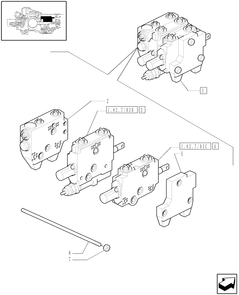 Схема запчастей Case IH JX1070U - (1.82.7/03A) - (VAR.411) TWO CONTROL VALVES - (BOSCH) - PARTS (07) - HYDRAULIC SYSTEM