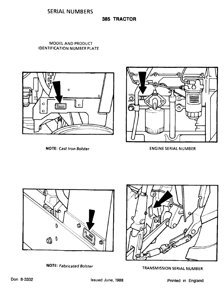 Схема запчастей Case IH 385 - (1-002) - SERIAL NUMBERS, MODEL AND PRODUCT IDENTIFICATION NUMBER PLATE (00) - PICTORIAL INDEX