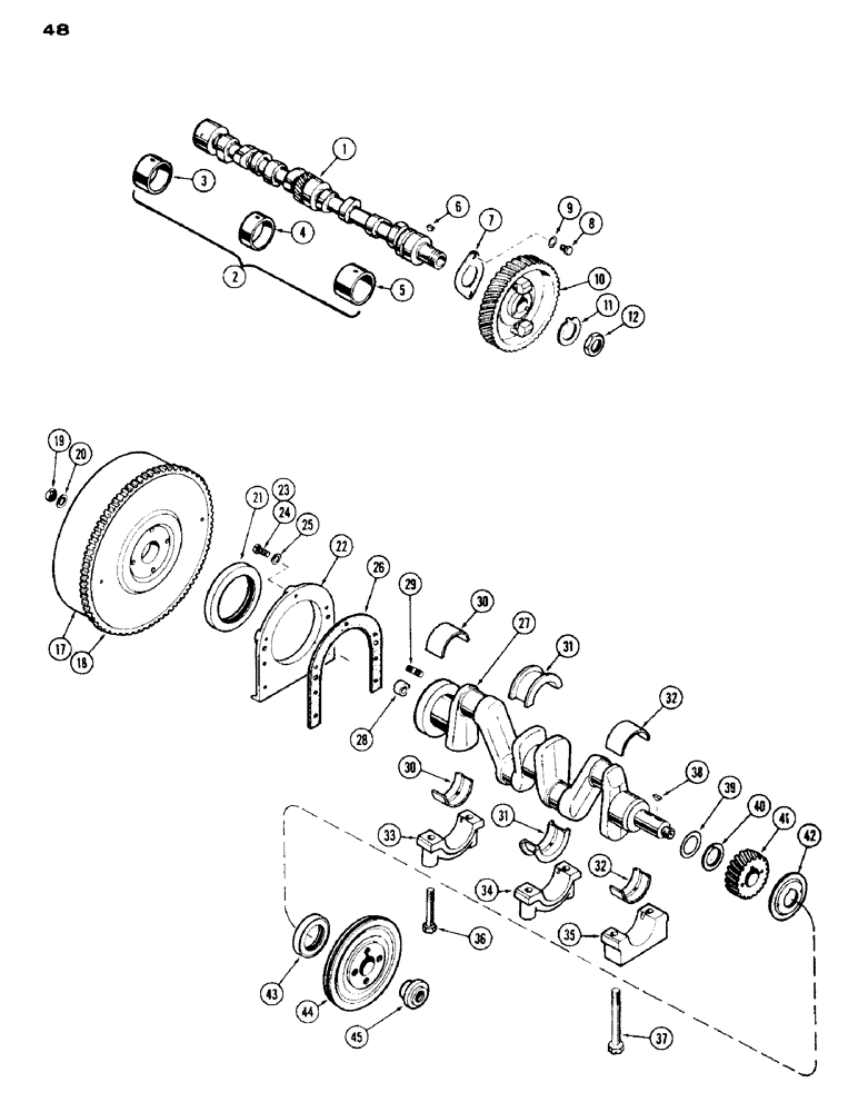 Схема запчастей Case IH 530 - (048) - CAMSHAFT, CRANKSHAFT AND FLYWHEEL, 530 SERIES, 159 SPARK IGNITION ENGINE (02) - ENGINE