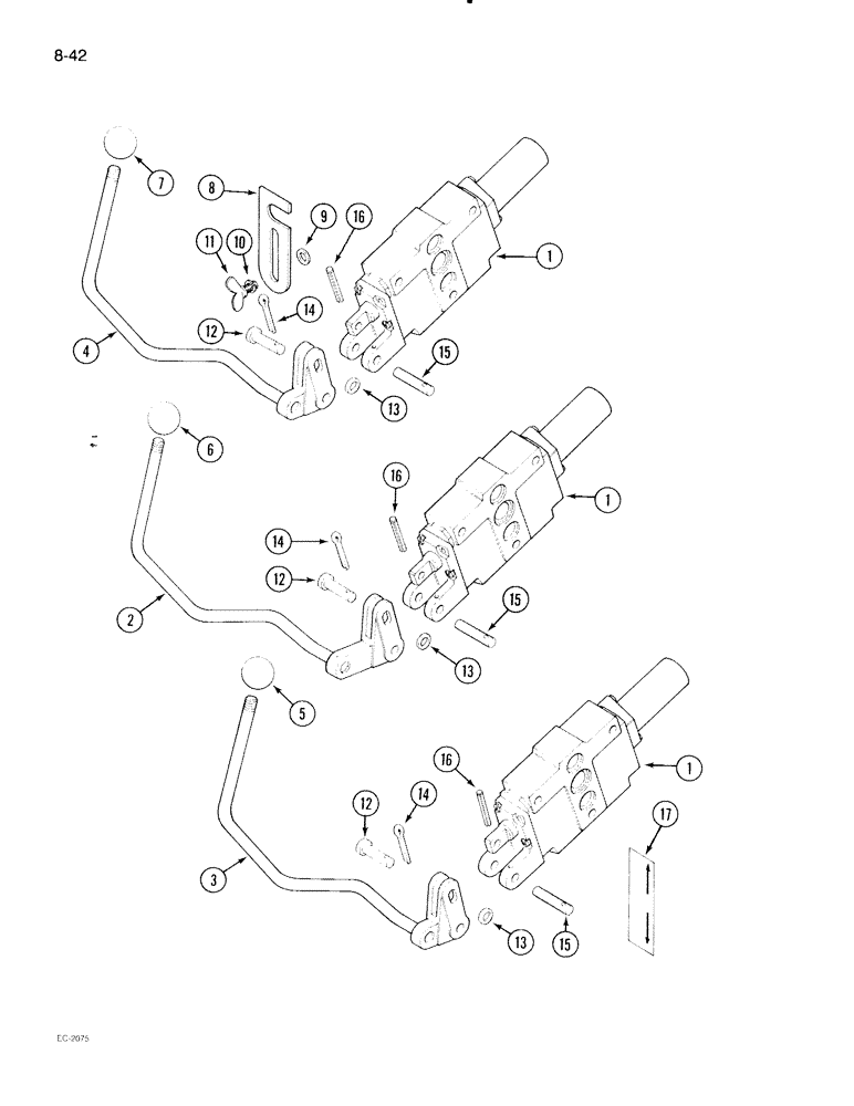 Схема запчастей Case IH 695 - (8-42) - REMOTE AUXILIARY VALVE CONTROL, FIRST, SECOND AND THIRD BANK, WITHOUT CAB (08) - HYDRAULICS