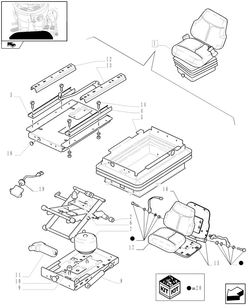 Схема запчастей Case IH FARMALL 85N - (1.92.85/01C) - FABRIC SEAT WITH AIR SUSPENSION, RETRACTABLE BELTS AND SAFETY SWITCH - BREAKDOWN - W/CAB (10) - OPERATORS PLATFORM/CAB