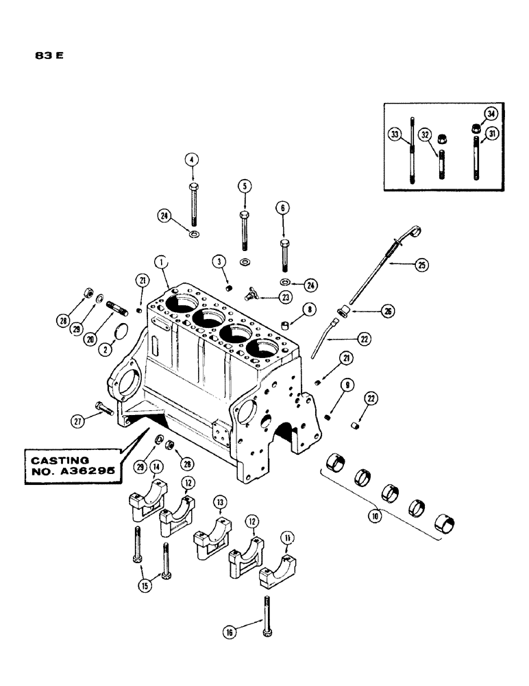 Схема запчастей Case IH 430 - (083E) - CYL. BLOCK ASSY., CASTING NO. A36295, PRIOR TO ENG S/N 2117952, 430 AND 530 SERIES, 188 DSL ENG. (02) - ENGINE