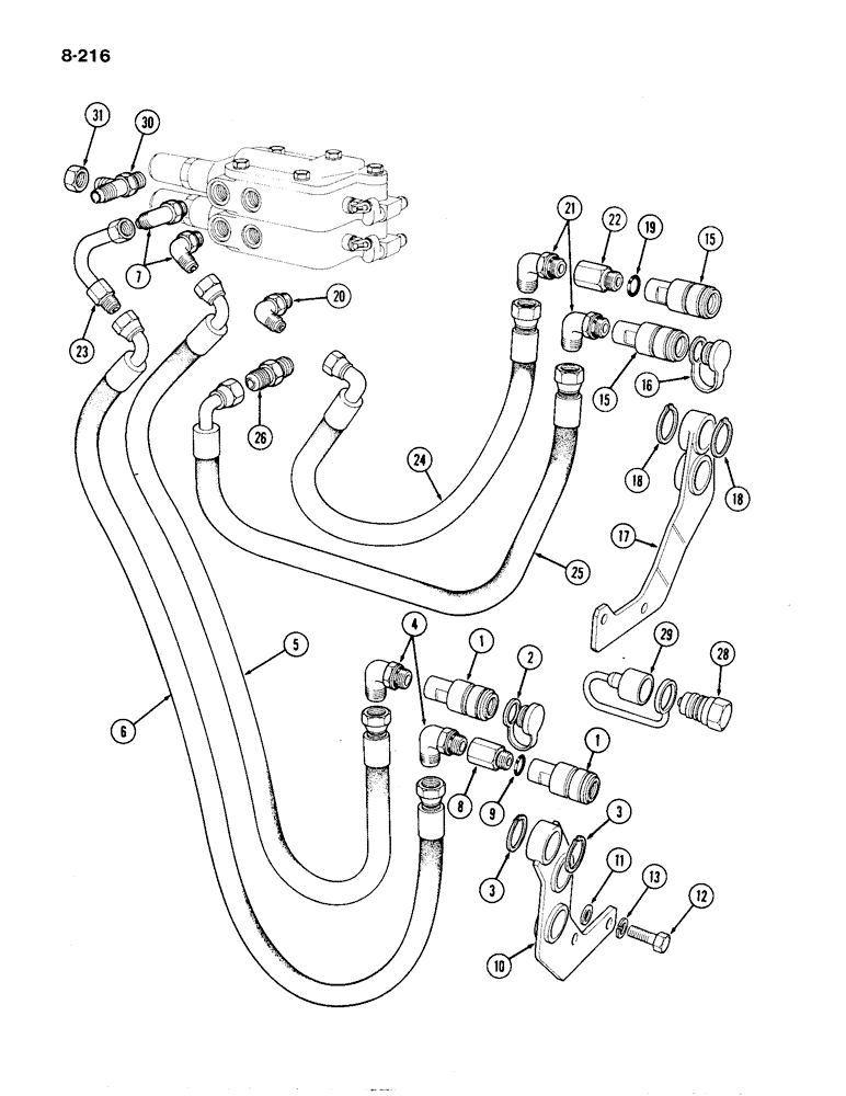 Схема запчастей Case IH 1194 - (8-216) - REMOTE VALVE COUPLINGS AND TUBES, TRACTORS WITHOUT CAB (08) - HYDRAULICS