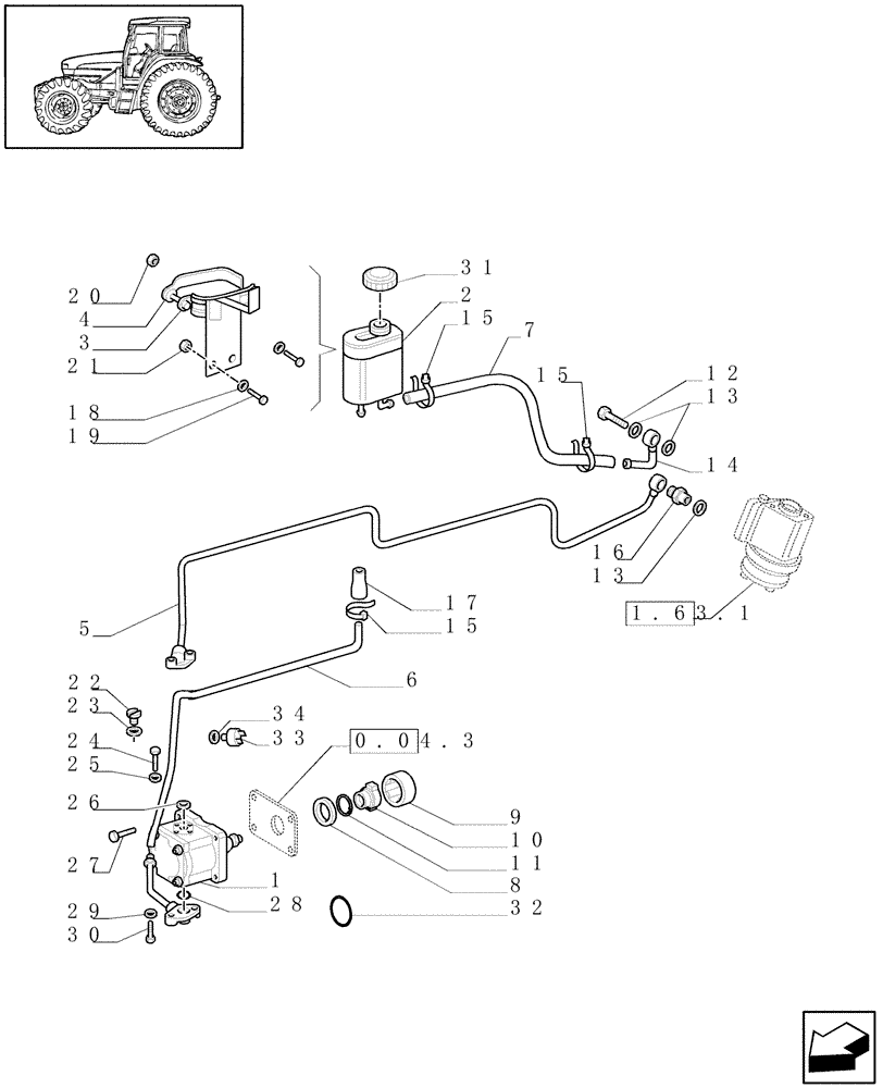 Схема запчастей Case IH JX55 - (1.63.8/01[01]) - POWER STEERING - PUMP AND PIPES (04) - FRONT AXLE & STEERING