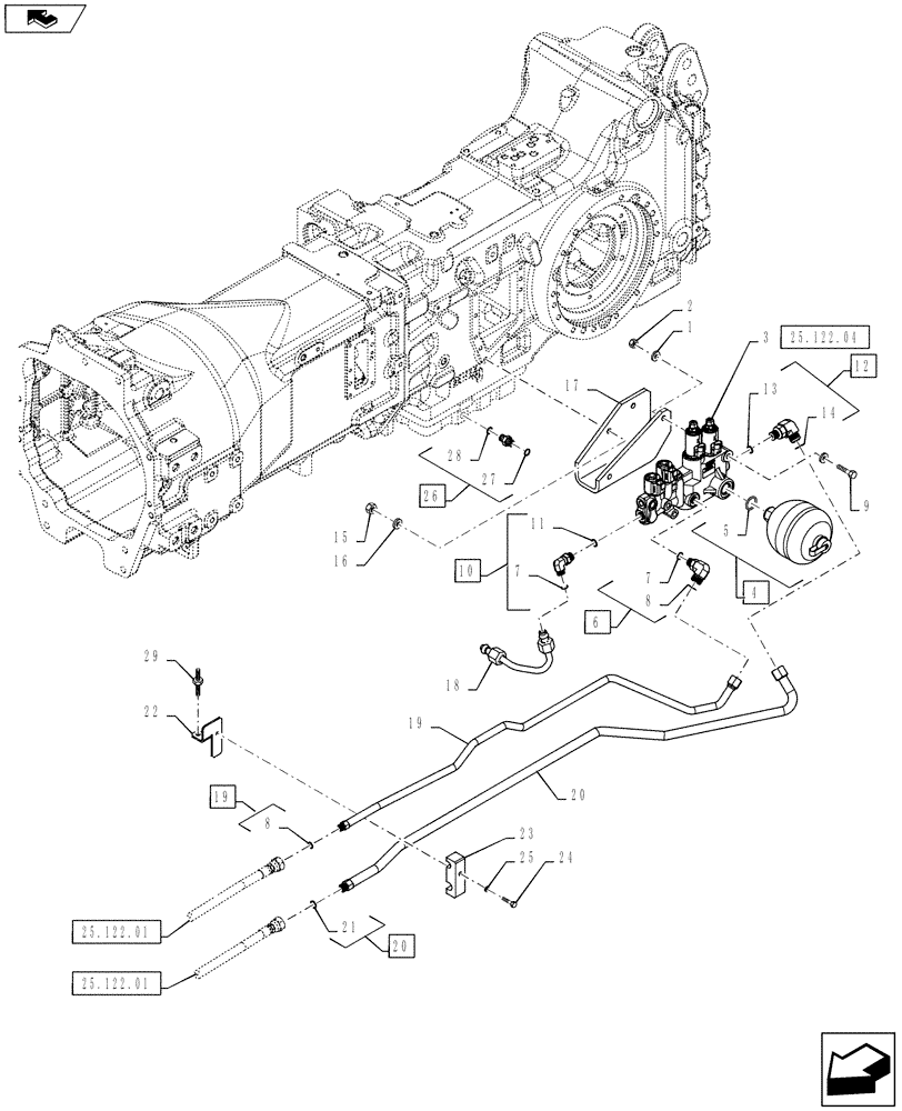 Схема запчастей Case IH PUMA 130 - (25.122.02) - VAR - 330414, 330427, 330429, 330430 - SUSPENDED FRONT AXLE - SUSPENSION CONTROL VALVE & LINES (25) - FRONT AXLE SYSTEM