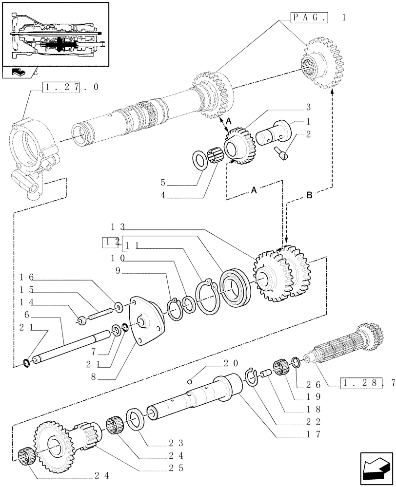 Схема запчастей Case IH FARMALL 105U - (1.28.1/06[02]) - 20X20 POWER SHUTTLE TRANSMISSION WITH CREEPER - REVERSER DRIVEN SHAFT AND GEARS (VAR.330299-331299-332299-333299) (03) - TRANSMISSION