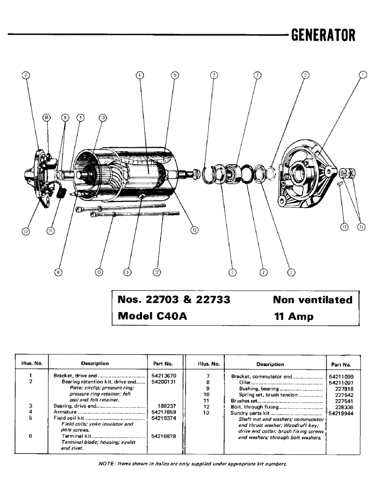 Схема запчастей Case IH BUTLERS - (13) - GENERATOR, NUMBERS 22703 & 22733, MODEL C40A, NON VENTILATED 11 AMP 