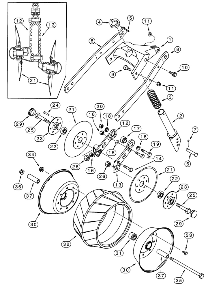 Схема запчастей Case IH 5400 - (9-38) - PRESS WHEEL AND COVERING DISC USED WITH LEFT-HAND LEADING DISC OPENER (ON RIGHT-HAND SIDE OF DRILL) (09) - CHASSIS