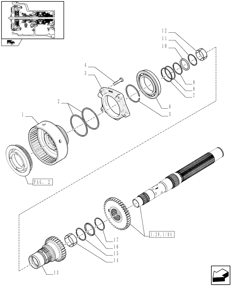 Схема запчастей Case IH FARMALL 90 - (1.28.7[03]) - POWER SHUTTLE E SERVO PTO FOR DIFF LOCK - DRIVEN GEAR SHAFT (VAR.330120-331120) (03) - TRANSMISSION