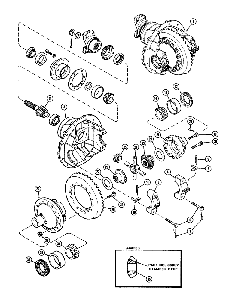 Схема запчастей Case IH 2470 - (110) - FRONT AXLE DIFFERENTIAL CARRIER ASSEMBLY, TORQUE PROPORTIONAL TYPE, FIRST USED TRACTOR S/N 8692421 (05) - STEERING