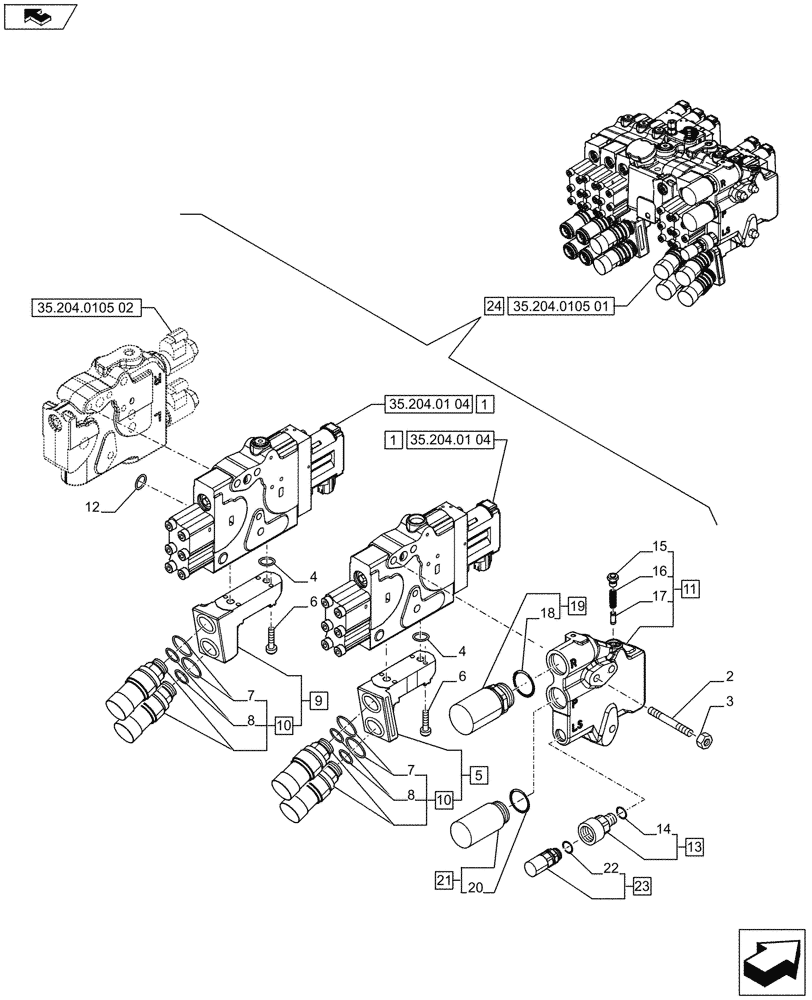 Схема запчастей Case IH PUMA 230 - (35.204.0105[03]) - 5 REMOTE CONTROL VALVES, ELECTRONIC, W/ POWER BEYOND COUPLERS, COMPONENTS (VAR.743425-743828 / 743669) (35) - HYDRAULIC SYSTEMS