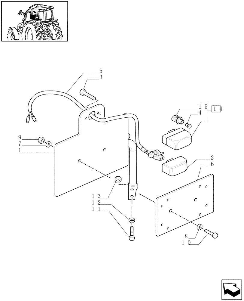 Схема запчастей Case IH MXU125 - (1.98.3/01[01A]) - (VAR.965) LICENSE PLATE LAMP & SUPPORT, MOUNTING ON MUDGUARD (W/CAB) - D5060 - C6560 (10) - OPERATORS PLATFORM/CAB