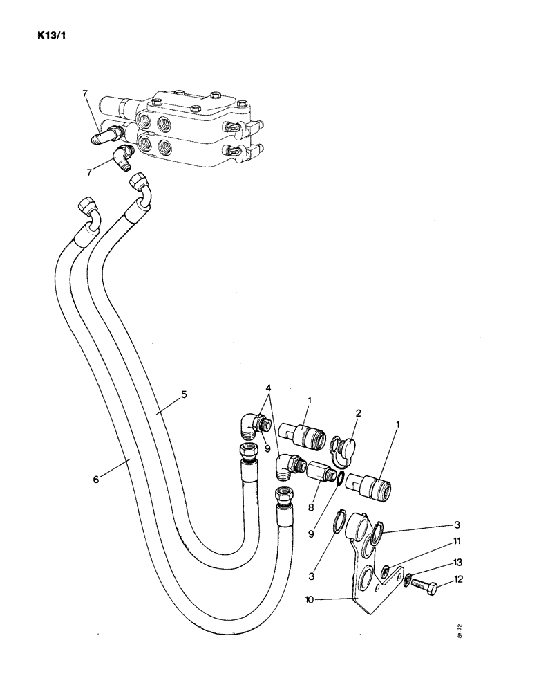 Схема запчастей Case IH 1190 - (K-13) - PIPES, COUPLINGS AND BRACKETS, FOR TWO SECTION REMOTE VALVE (07) - HYDRAULICS