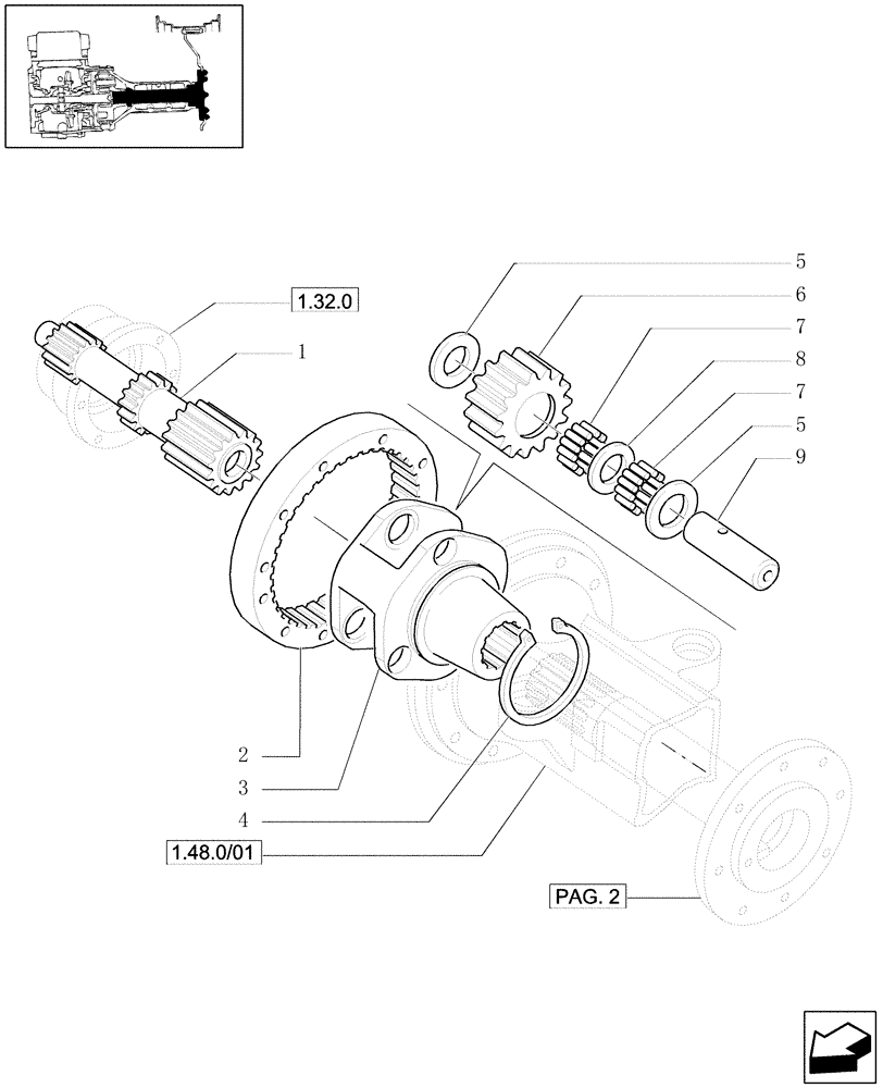 Схема запчастей Case IH JX1090U - (1.48.1/04[01]) - ((VAR.406) FRONT AXLE,40KM/H HYDR. DIFF. LOCK.- STEP-DOWN GEARING (05) - REAR AXLE