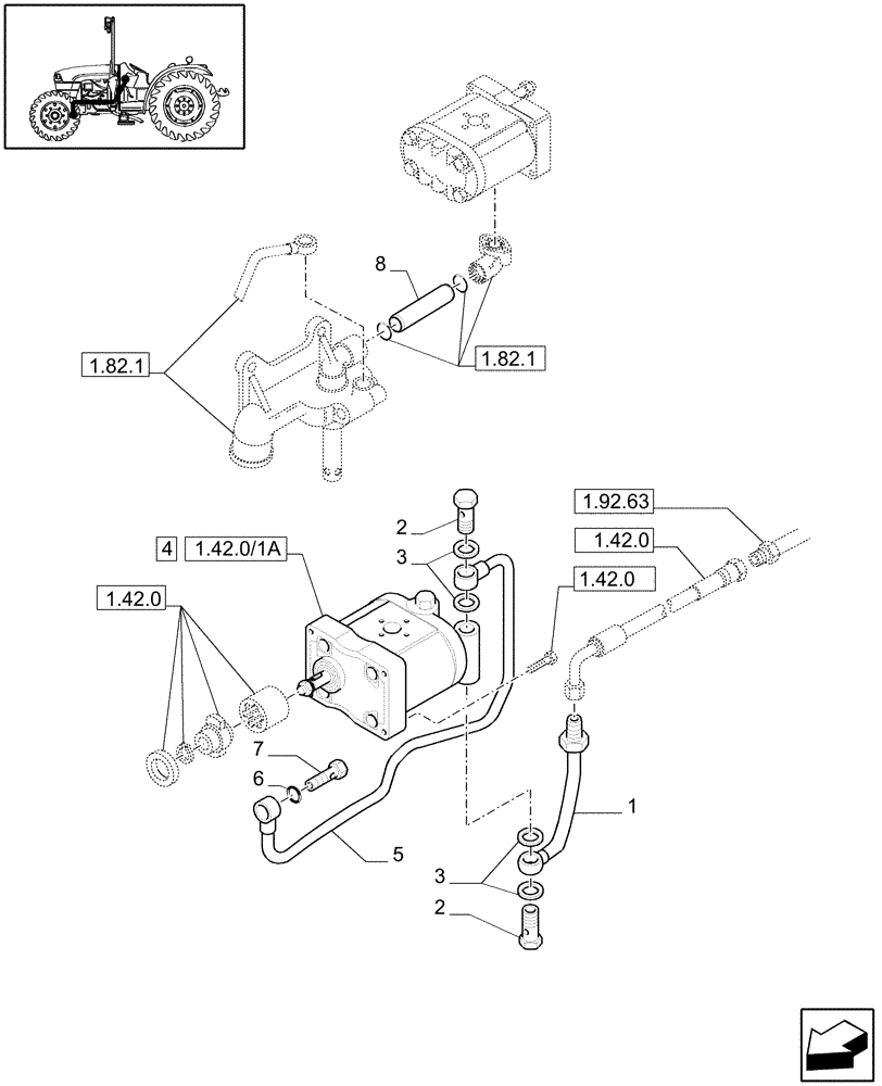 Схема запчастей Case IH JX1070C - (1.42.0/06) - (VAR.275-275/1) HI-LO SERVO-ASSISTED STEERING HYDRAULIC SYSTEM - OIL PUMP AND PIPES (04) - FRONT AXLE & STEERING