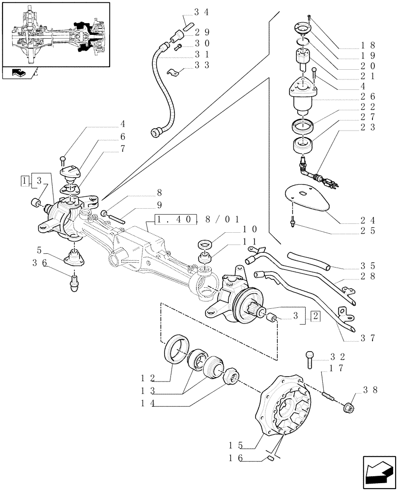 Схема запчастей Case IH PUMA 125 - (1.40. 8/02[01]) - (CL.3) SUSPENDED FRONT AXLE W/MULTI-PLATE DIFF. LOCK AND ST. SENSOR-STEERING AXLES - HUBS - C6449 (VAR.330414) (04) - FRONT AXLE & STEERING