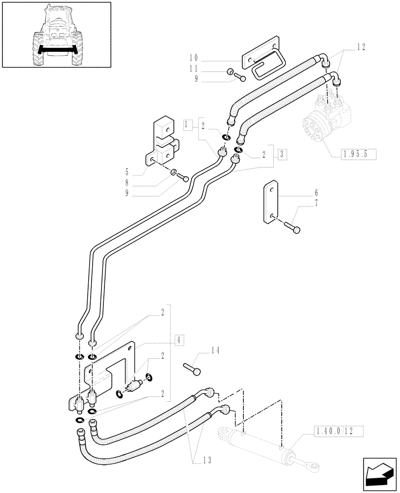 Схема запчастей Case IH MXU125 - (1.42.0[02]) - 4WD - STEERING CYLINDER PIPES AND POWER STEERING PIPES (04) - FRONT AXLE & STEERING