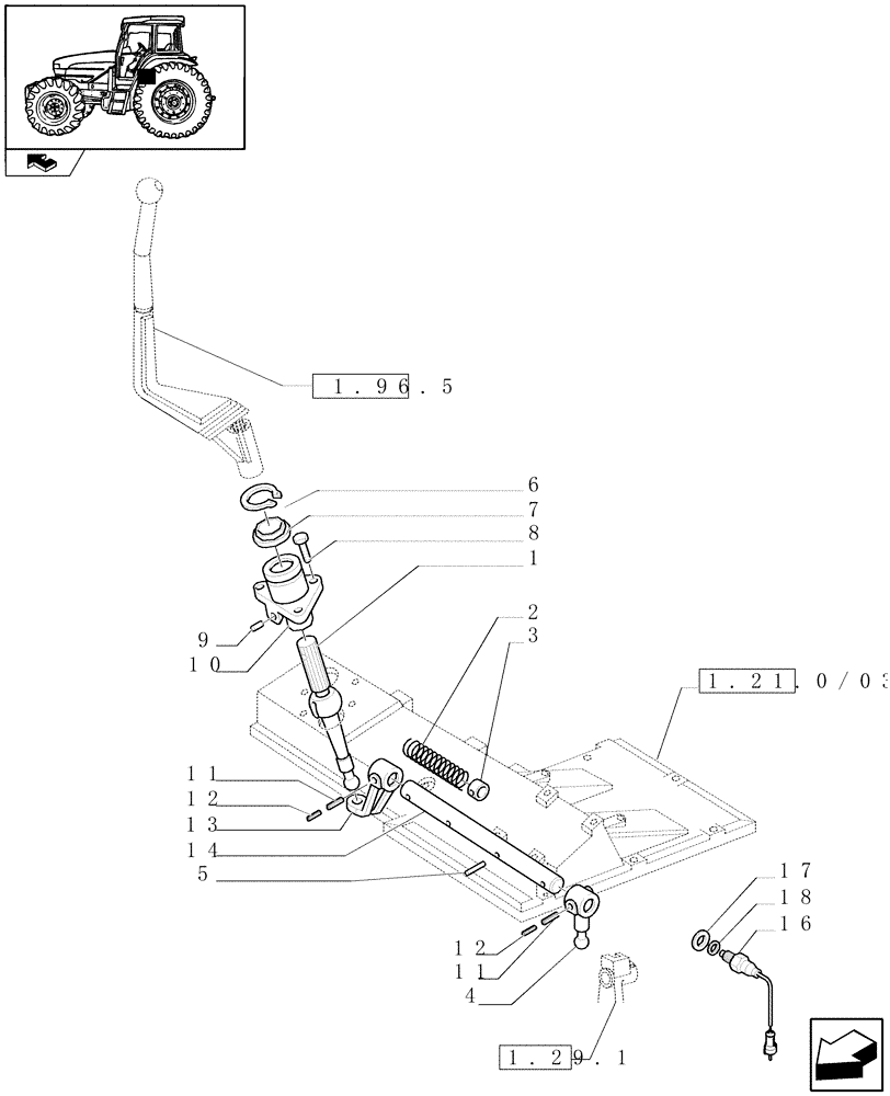 Схема запчастей Case IH FARMALL 95U - (1.29.1/05) - 20X20 POWER SHUTTLE TRANSMISSION WITH CREEPER - SPEED GEARSHIFT MECHANISM - LEVERS AND TIE-RODS (VAR.330299-331299-332299-333299) (03) - TRANSMISSION