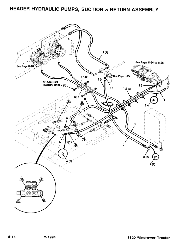Схема запчастей Case IH 8820 - (8-14) - HEADER HYDRAULIC PUMPS, SUCTION & RETURN ASSEMBLY (08) - HYDRAULICS
