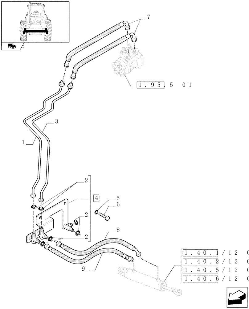 Схема запчастей Case IH MAXXUM 110 - (1.42.0/01) - SUSPENDED FRONT AXLE - STEERING CYLINDER PIPES AND POWER STEER. PIPES (VAR.330414-330427-330429-330430) (04) - FRONT AXLE & STEERING