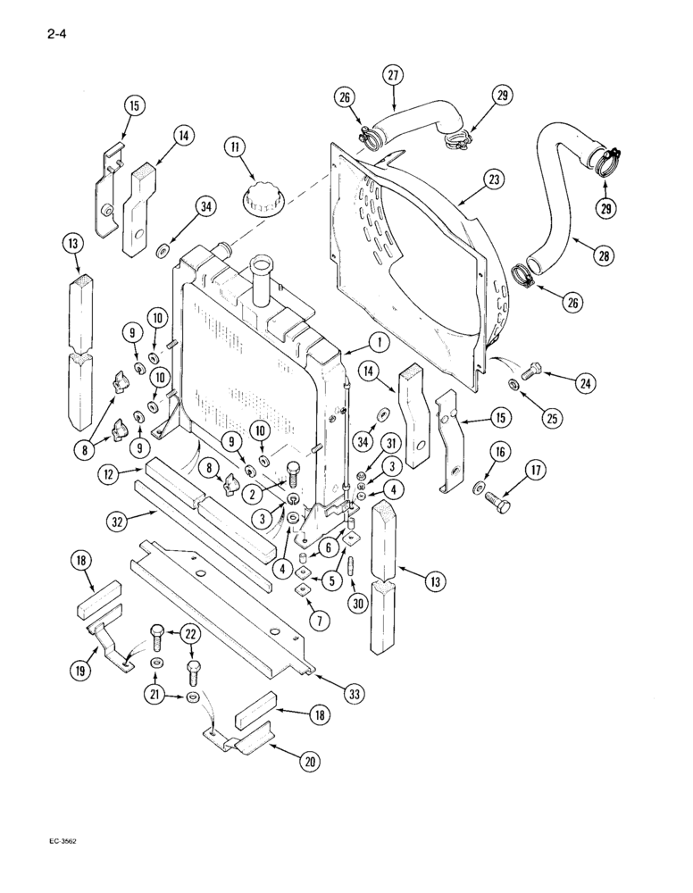 Схема запчастей Case IH 995 - (2-04) - RADIATOR AND CONNECTIONS, WITHOUT TROPICAL COOLING (02) - ENGINE