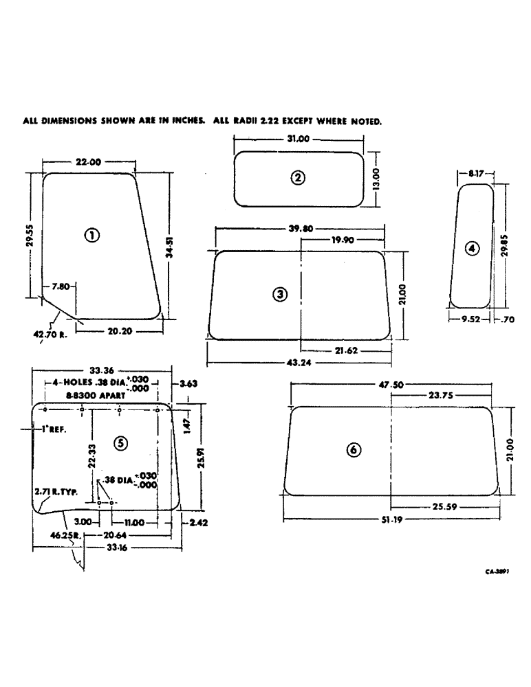 Схема запчастей Case IH 1568 - (13-23) - SUPERSTRUCTURE, DELUXE TRACTOR CAB GLASS DIMENSIONS (05) - SUPERSTRUCTURE