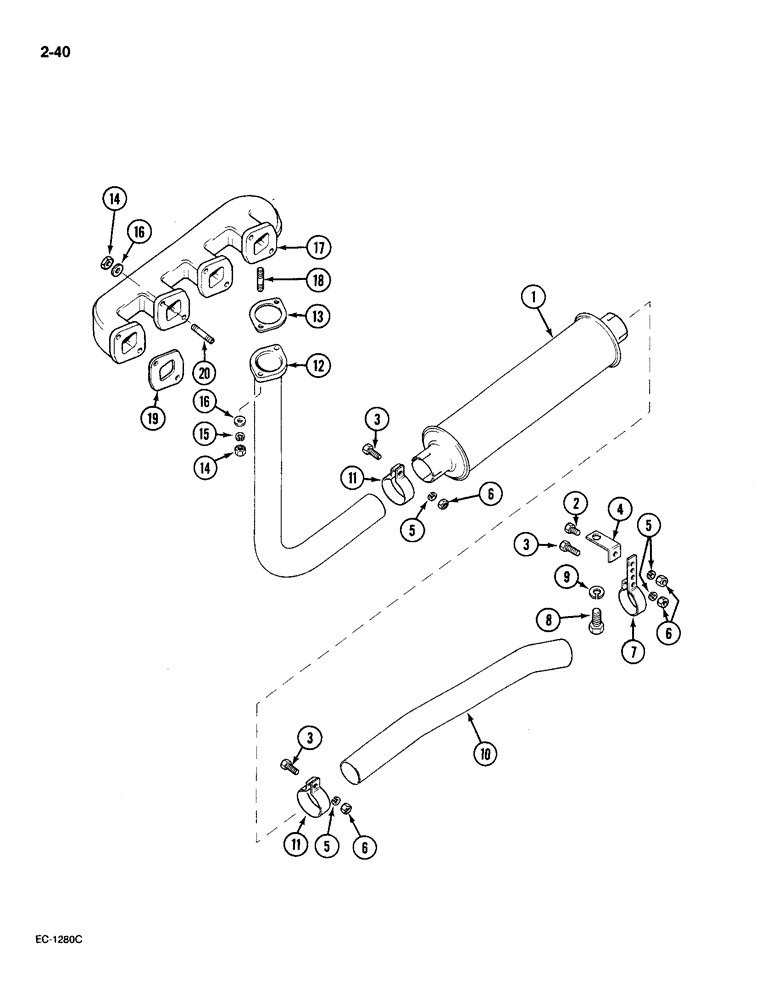 Схема запчастей Case IH 585 - (2-40) - EXHAUST AND MANIFOLD, UNDERSLUNG, P.I.N. 18001 AND AFTER (02) - ENGINE