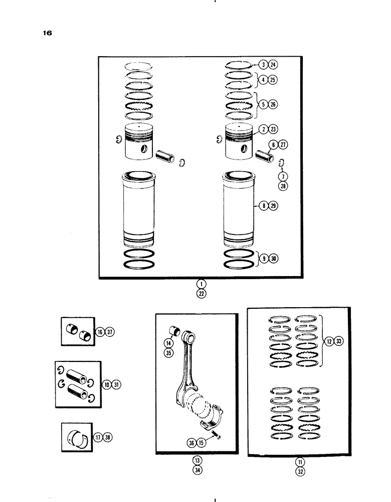 Схема запчастей Case IH 730 SERIES - (016) - PISTON ASSEMBLY & CONNECTING RODS, MDL 730 W/4-1/8 BORE, MDL 830 W/4-3/8" BORE, 267 AND 301 DSL ENG (02) - ENGINE