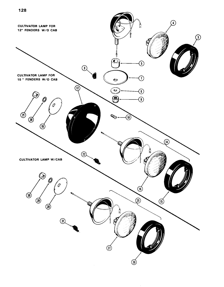 Схема запчастей Case IH 870 - (128) - LIGHTING EQUIPMENT, CULTIVATING LAMPS, FOR 12 INCH FENDER, WITHOUT CAB (04) - ELECTRICAL SYSTEMS