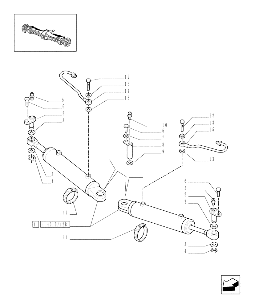 Схема запчастей Case IH MXM140 - (1.40.8/12) - (VAR.518) CLASS 4 4WD FRONT AXLE WITH "TERRALOCK" - HYDRAULIC STEERING CYLINDER (04) - FRONT AXLE & STEERING