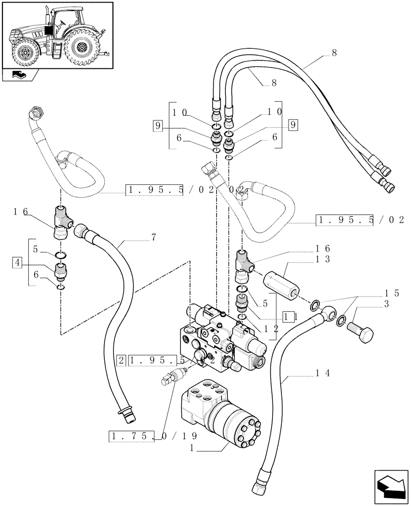 Схема запчастей Case IH PUMA 140 - (1.95.5/02[01]) - AUTO GUIDANCE SYSTEM READY FOR BALER BAR MOUNTED SCREEN - VALVES AND PIPES (VAR.330077) (10) - OPERATORS PLATFORM/CAB