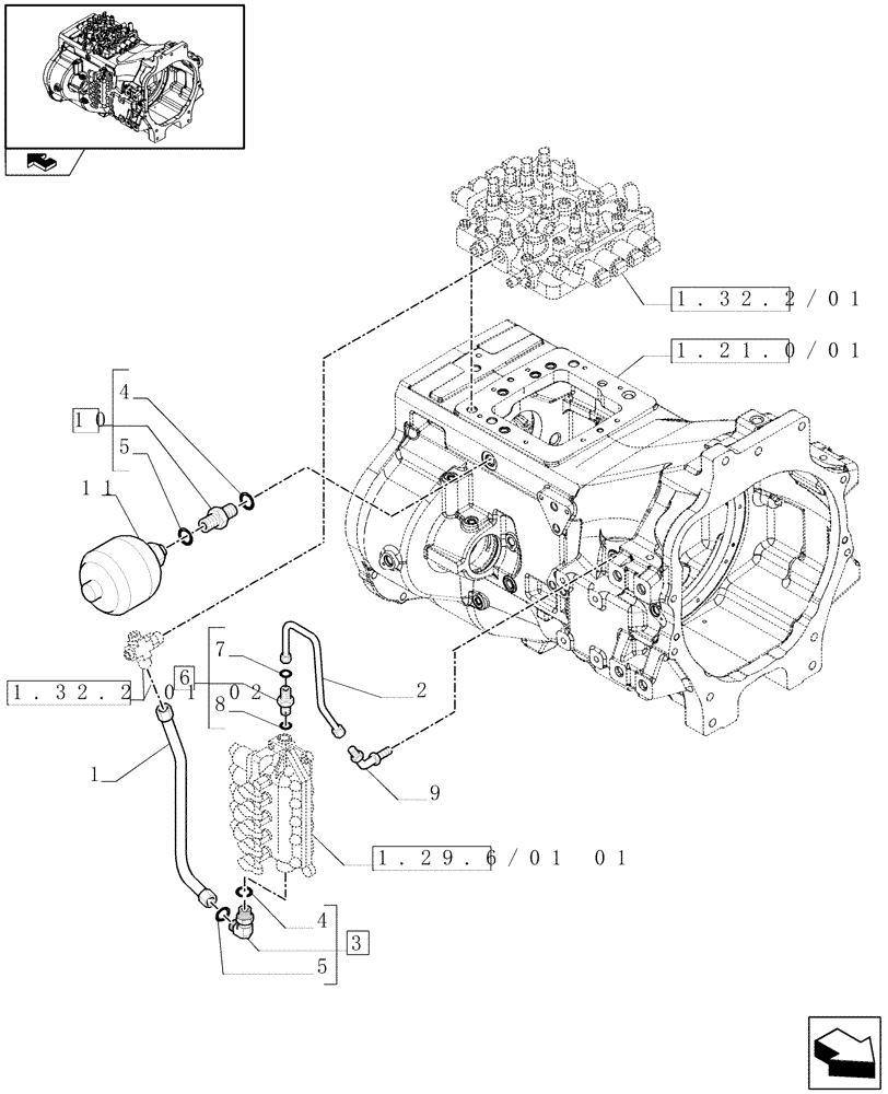 Схема запчастей Case IH PUMA 155 - (1.29.6/01[02]) - FULL POWER-SHIFT TRANS. 18X6 AND 19X6 - LOW PRESSURE GEARBOX CONTROL PIPES (VAR.330285) (03) - TRANSMISSION