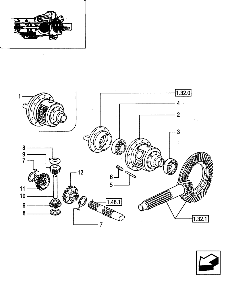 Схема запчастей Case IH JX75 - (1.32.4[02]) - DIFFERENTIAL GEARINGS - DIFFERENTIAL BOX AND GEARS (03) - TRANSMISSION