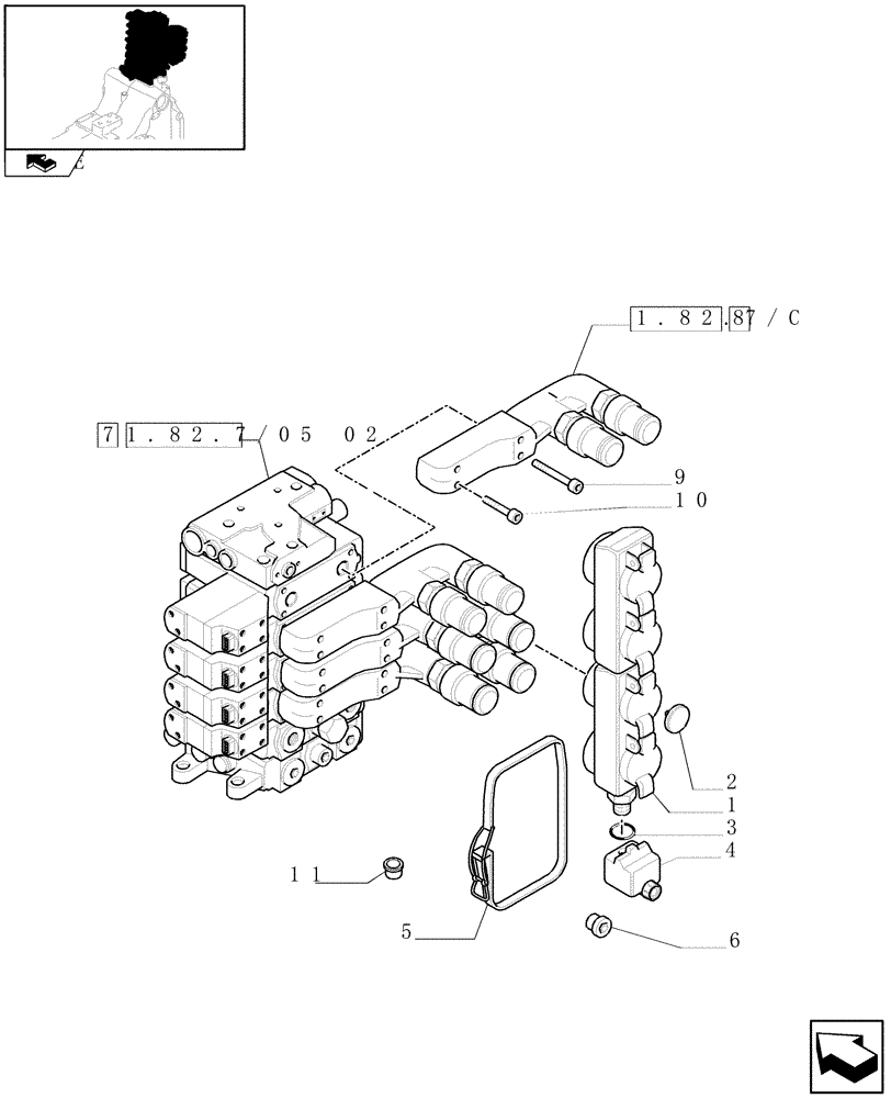 Схема запчастей Case IH PUMA 140 - (1.82.7/05[01]) - 4 ELECTROHYDRAULIC REAR REMOTE CONTROL VALVES - DISTRIBUTOR, COVER AND OIL COLLECTOR - C6690 (VAR.330862-338851) (07) - HYDRAULIC SYSTEM