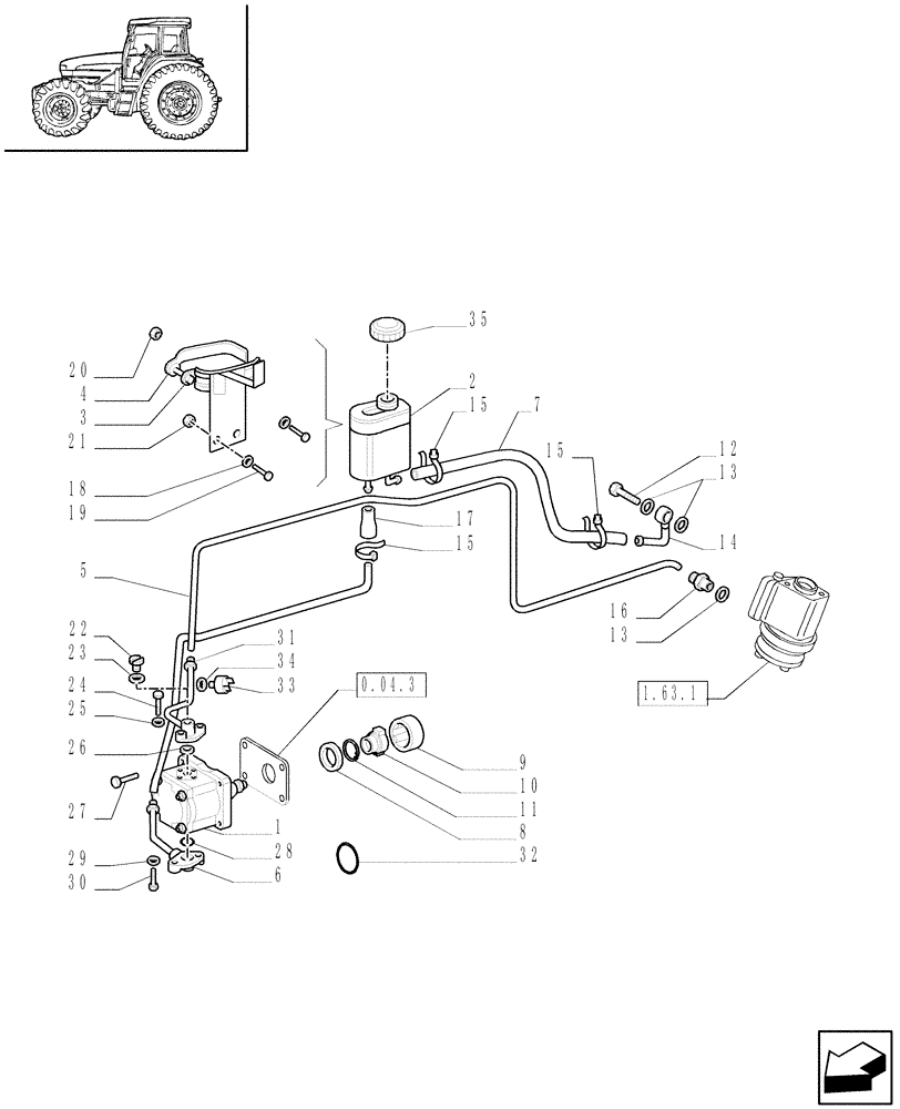 Схема запчастей Case IH JX95 - (1.63.8[03]) - POWER STEERING - PIPES AND UNIONS (04) - FRONT AXLE & STEERING