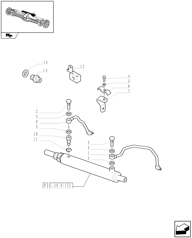 Схема запчастей Case IH FARMALL 85U - (1.40.2/12) - FRONT AXLE WITH DIFFERENTIAL LOCK AND BRAKES - HYDRAULIC STEERING CYLINDER (VAR.330415) (04) - FRONT AXLE & STEERING