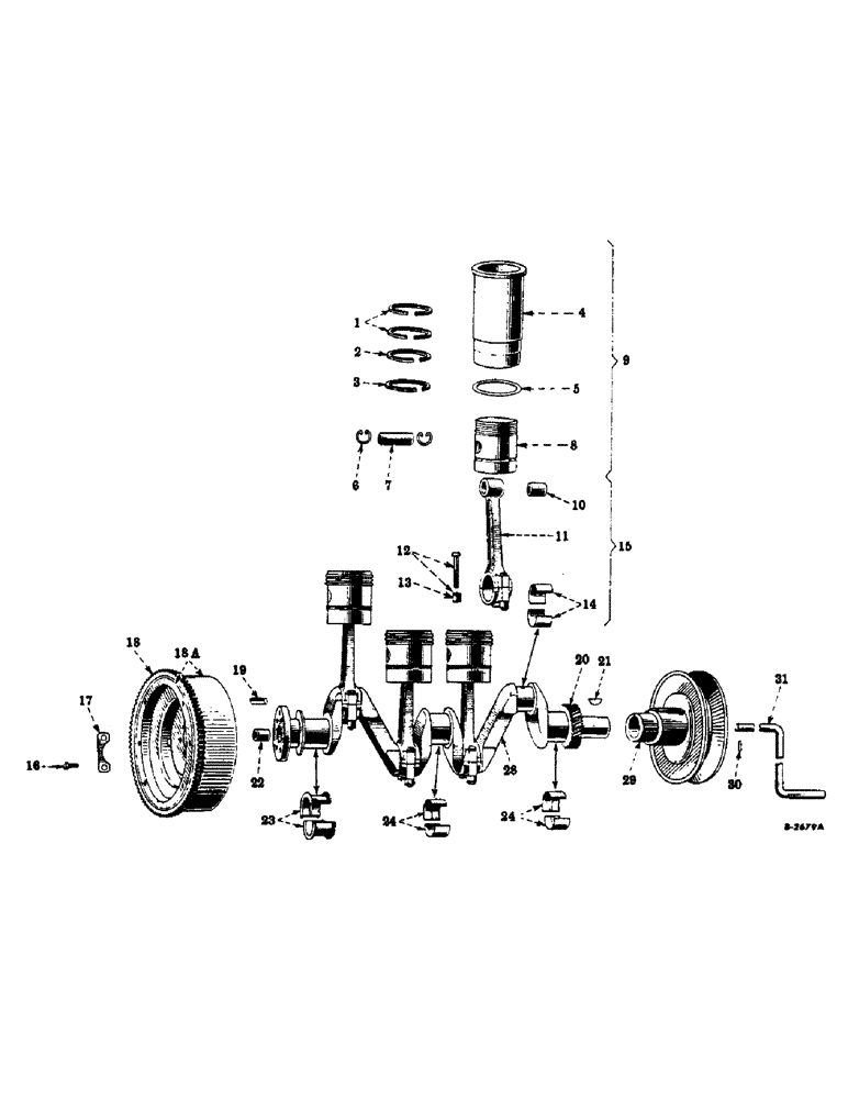 Схема запчастей Case IH FARMALL A - (015) - ENGINE, CRANKSHAFT & RELATED PARTS, CONNECTING RODS, PISTONS, CYLINDER SLEEVES & STARTING CRANK (01) - ENGINE